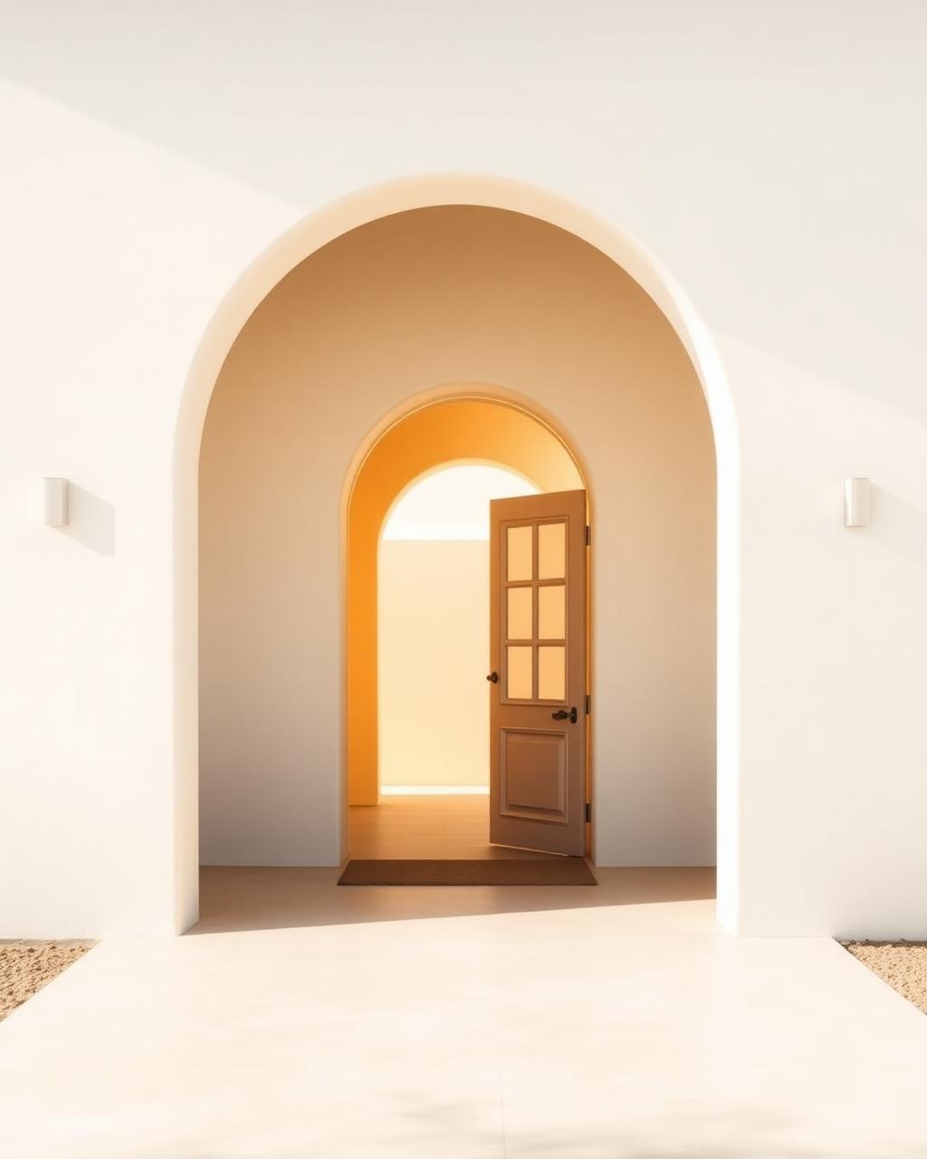 Sunlit arched doorway in a cream plaster home