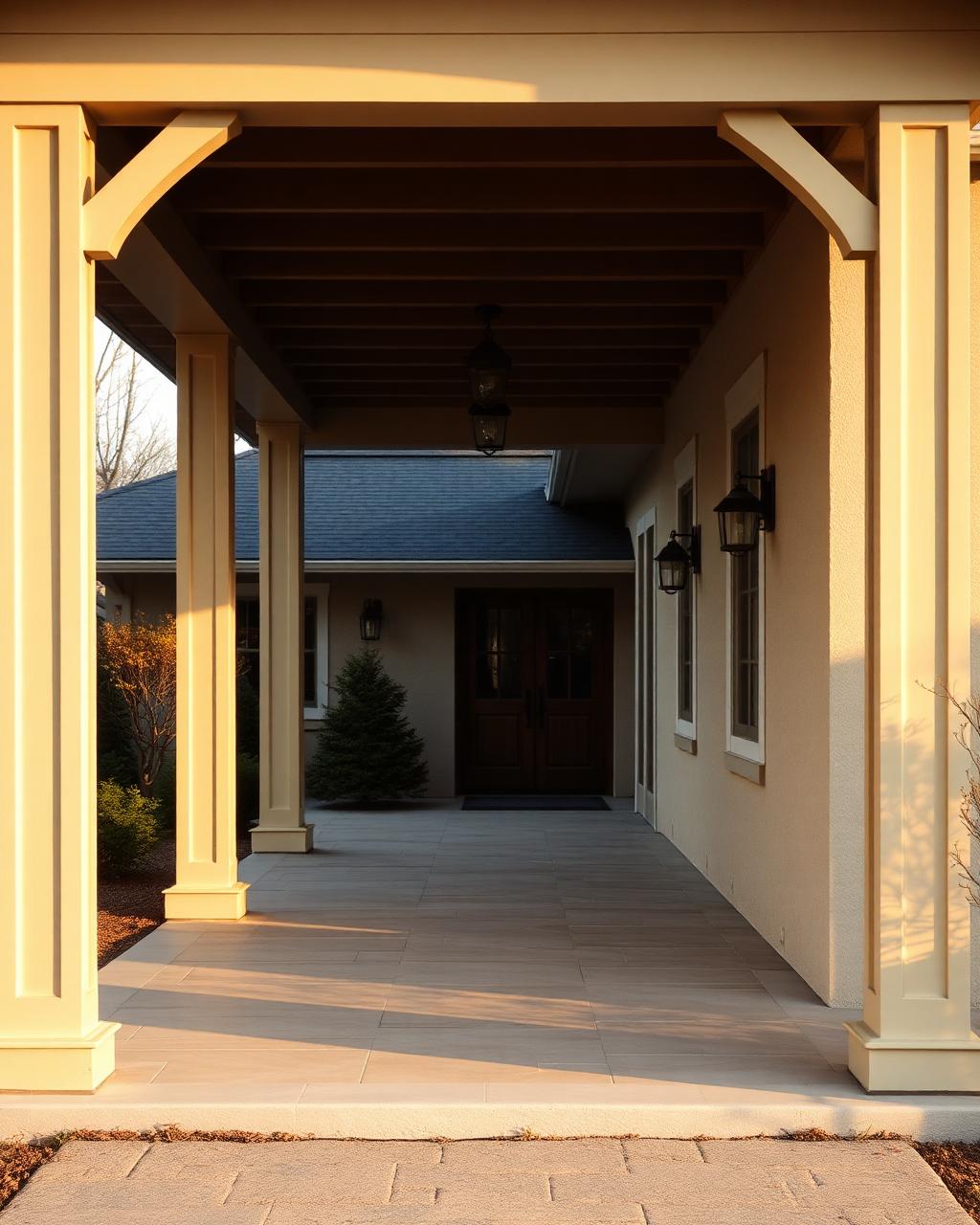 Quiet covered porch in golden hour light