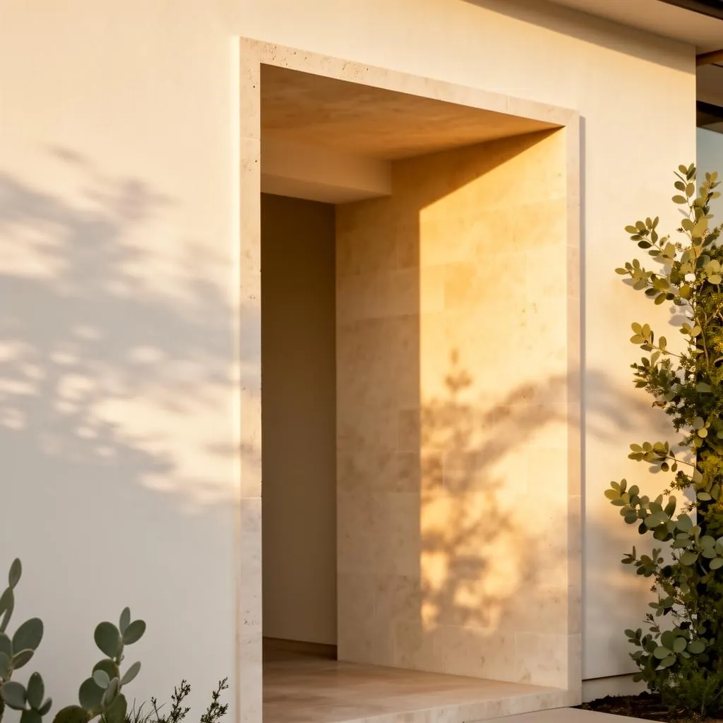 Sculptural limestone doorway of a modern home in warm golden afternoon light